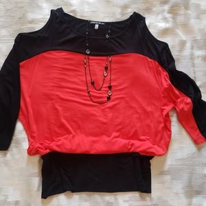 Cold Shoulder Orangy-Red and Black Top